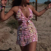 LIZAKOSHT  -  Fashion Shiny Sequin Hollow Wrap Hip Dress Elegant Hollow Backless Slim Mini Dress Women' s Sexy Halter Low-cut Club Party Dress